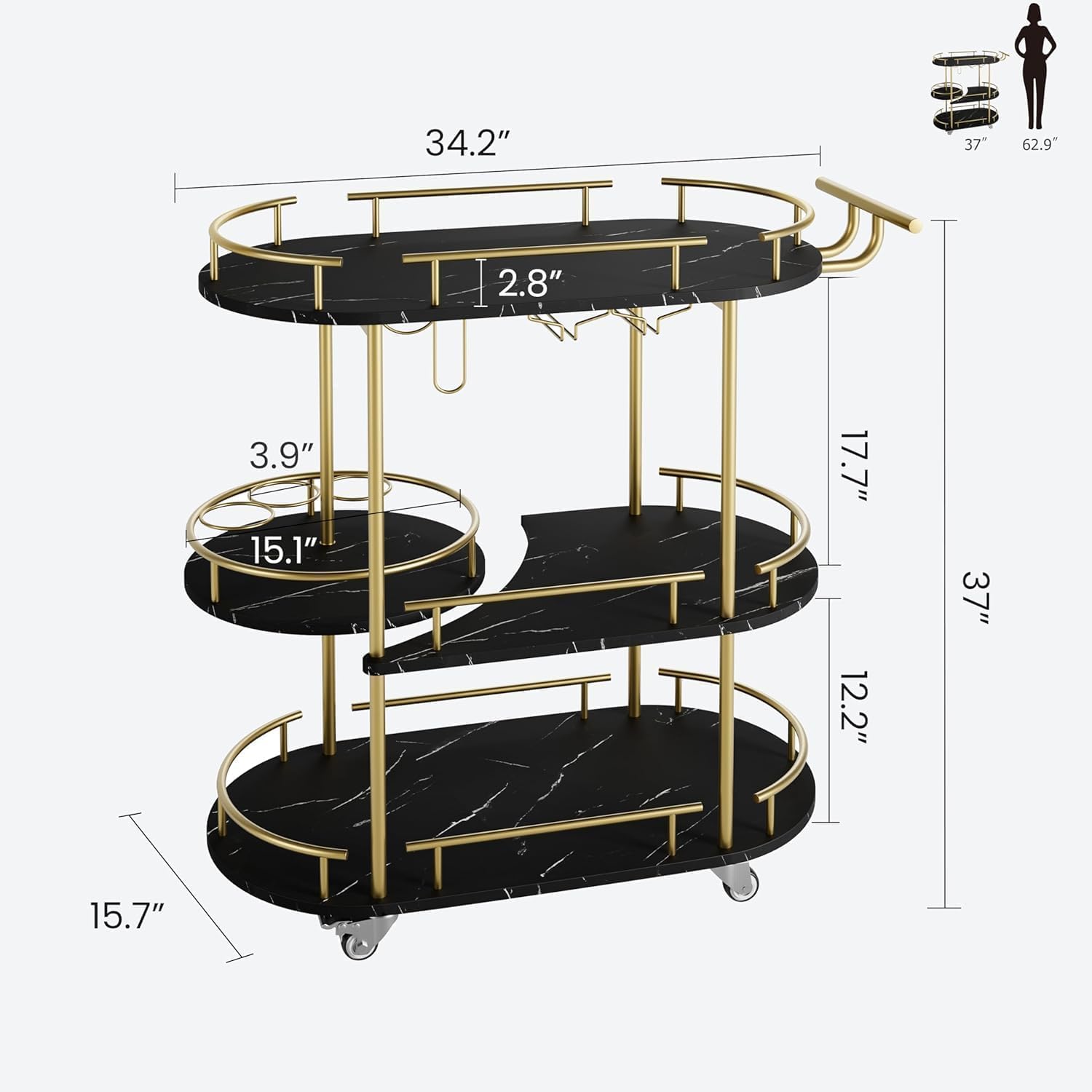 Rolling Bar Cart Wine Glass Holders
