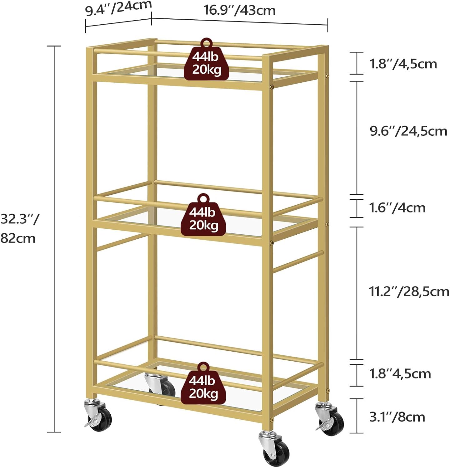 Gold Rolling 3-Tier Bar Cart