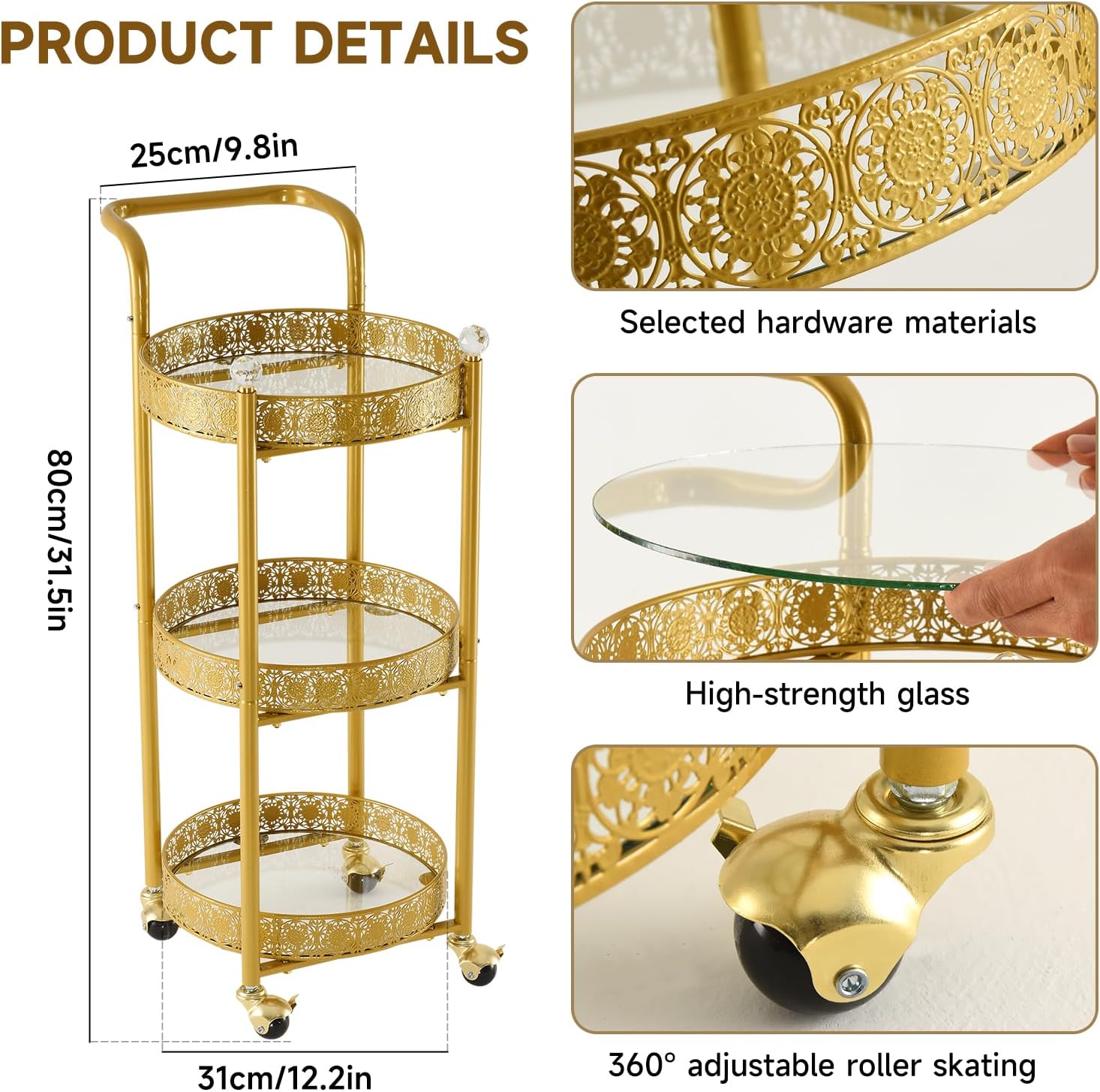 Golden Rolling Bar Cart Glass Holders