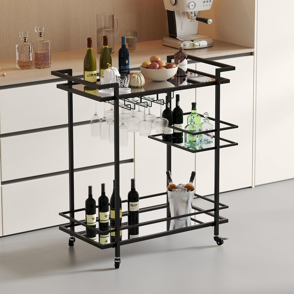 3-Tier Rolling Bar Cart Mirror Shelves