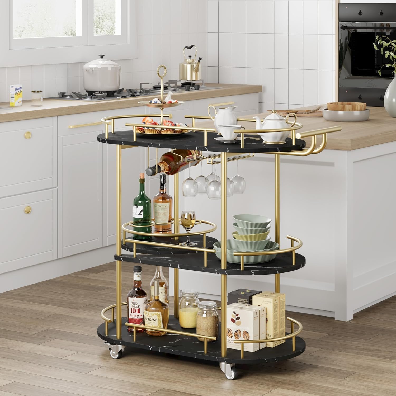 Rolling Bar Cart Wine Glass Holders