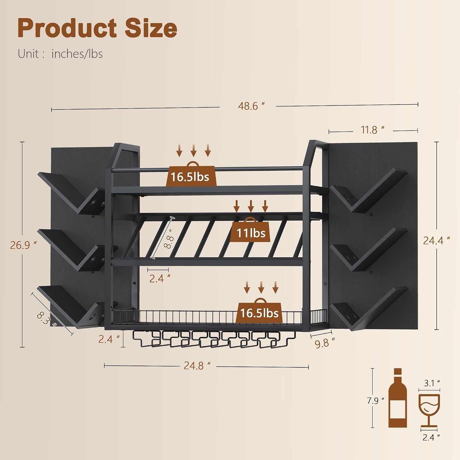 Metal Wood Wine Rack Glass Holder