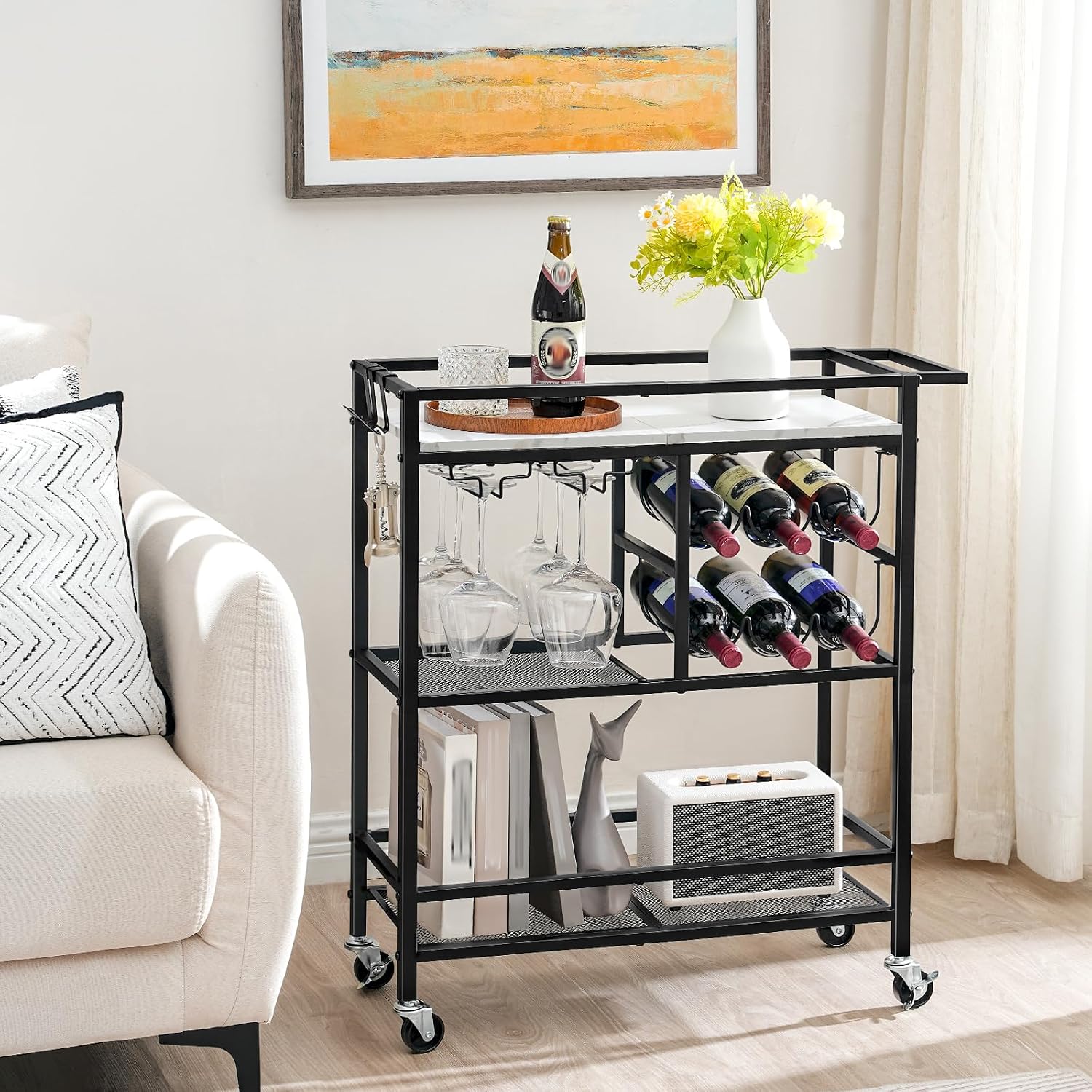 Rolling Bar Cart Wine Glass Holders