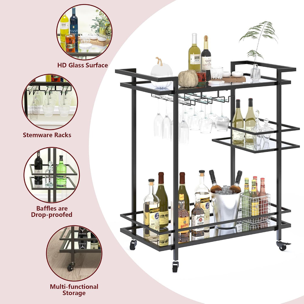 3-Tier Rolling Bar Cart Mirror Shelves