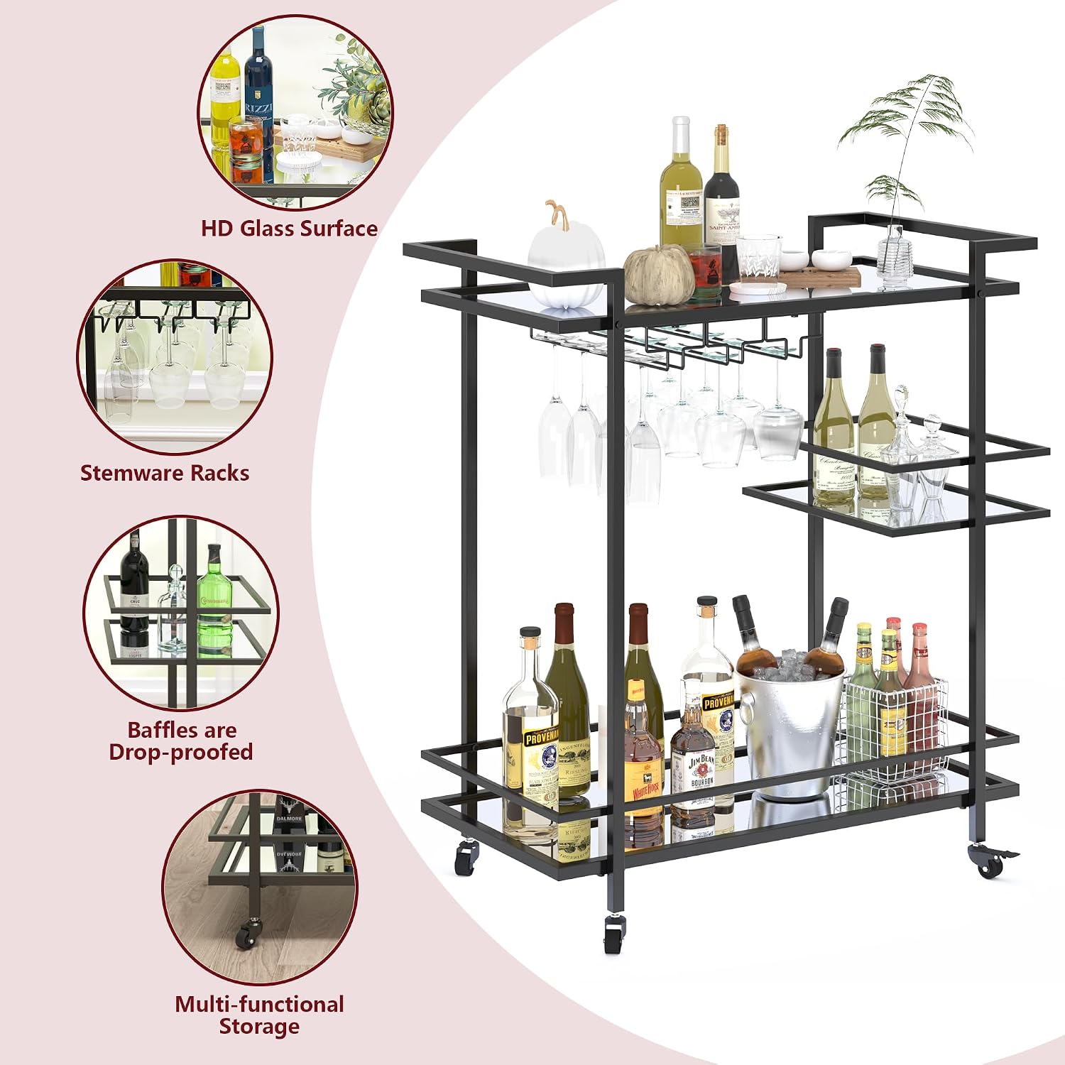 3-Tier Rolling Bar Cart Mirror Shelves