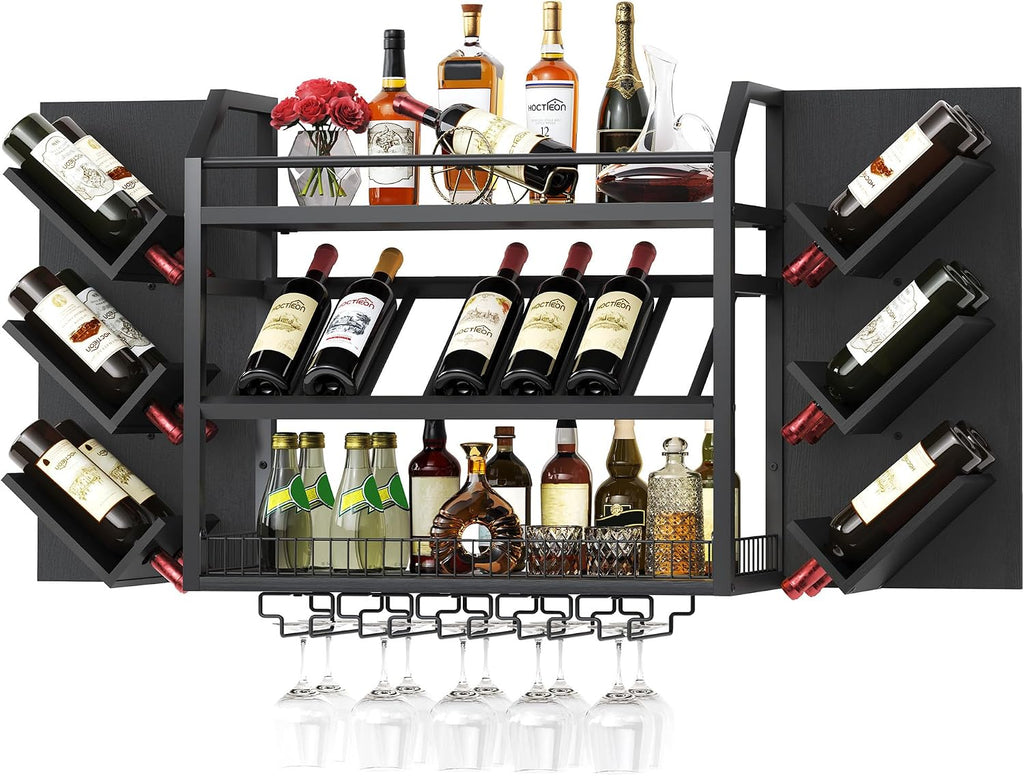 Metal Wood Wine Rack Glass Holder