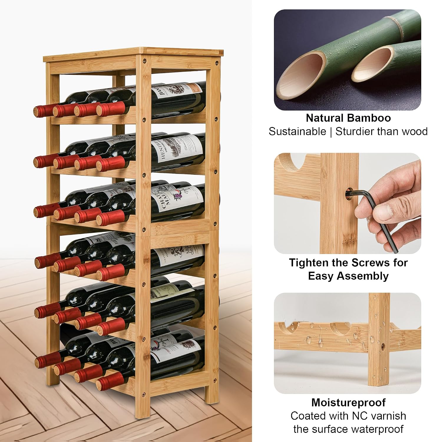 6-Tier Natural Bamboo Freestanding Wine Rack