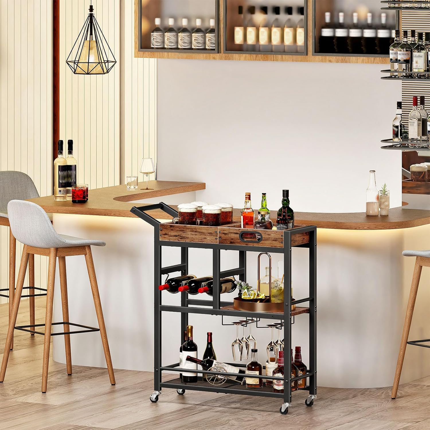 Bar Cart Wine Rack Glass Holder Tray