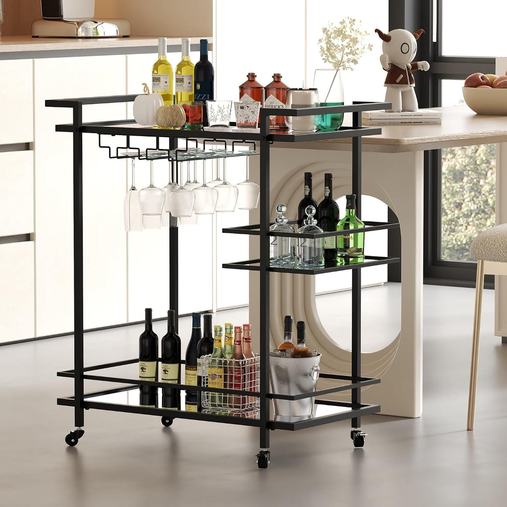 3-Tier Rolling Bar Cart Mirror Shelves