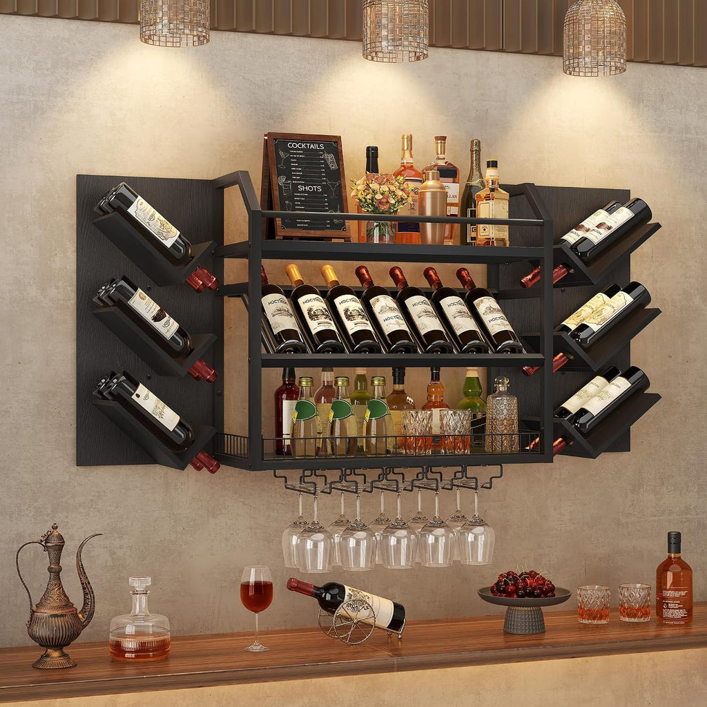 Metal Wood Wine Rack Glass Holder