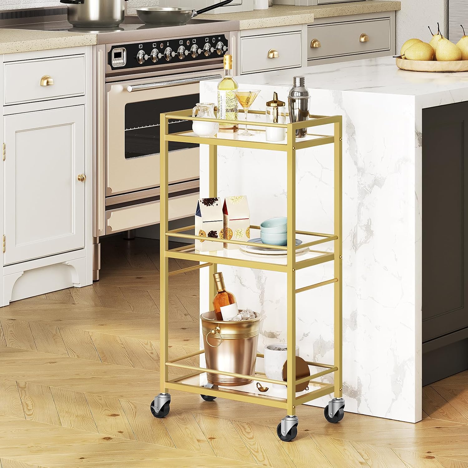 Gold Rolling 3-Tier Bar Cart