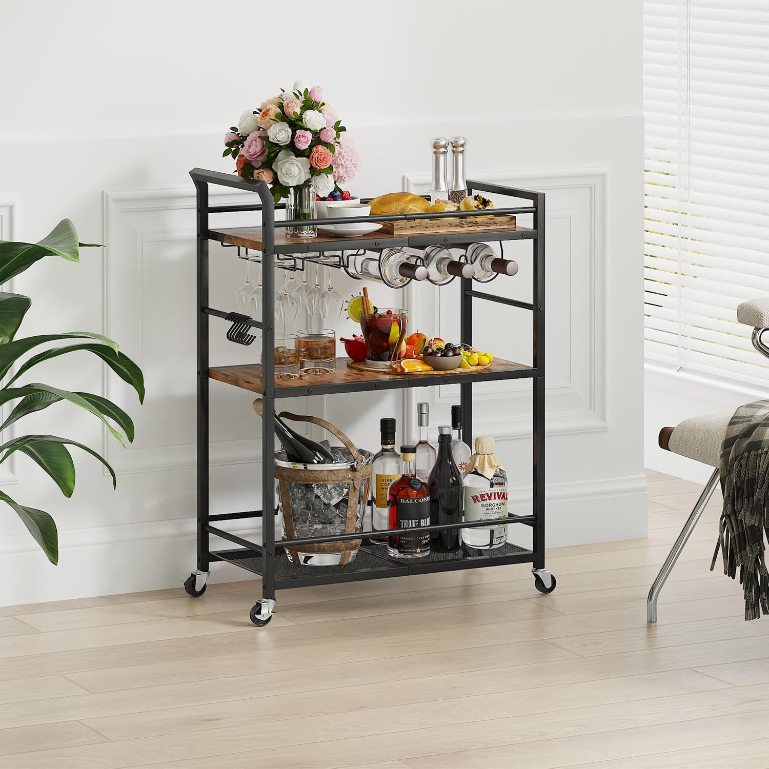 Rolling Bar Cart Wine Rack Shelves