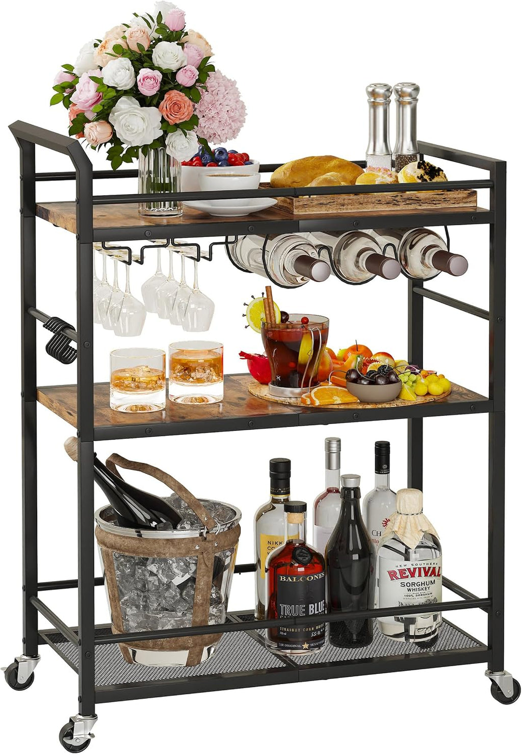 Rolling Bar Cart Wine Rack Shelves