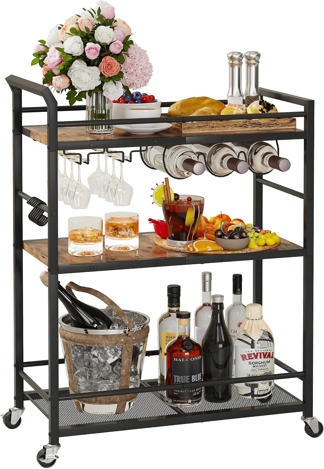 Rolling Bar Cart Wine Rack Shelves
