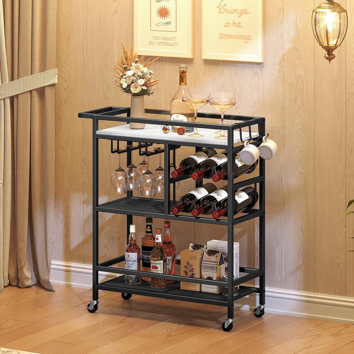 Rolling Bar Cart Wine Glass Holders