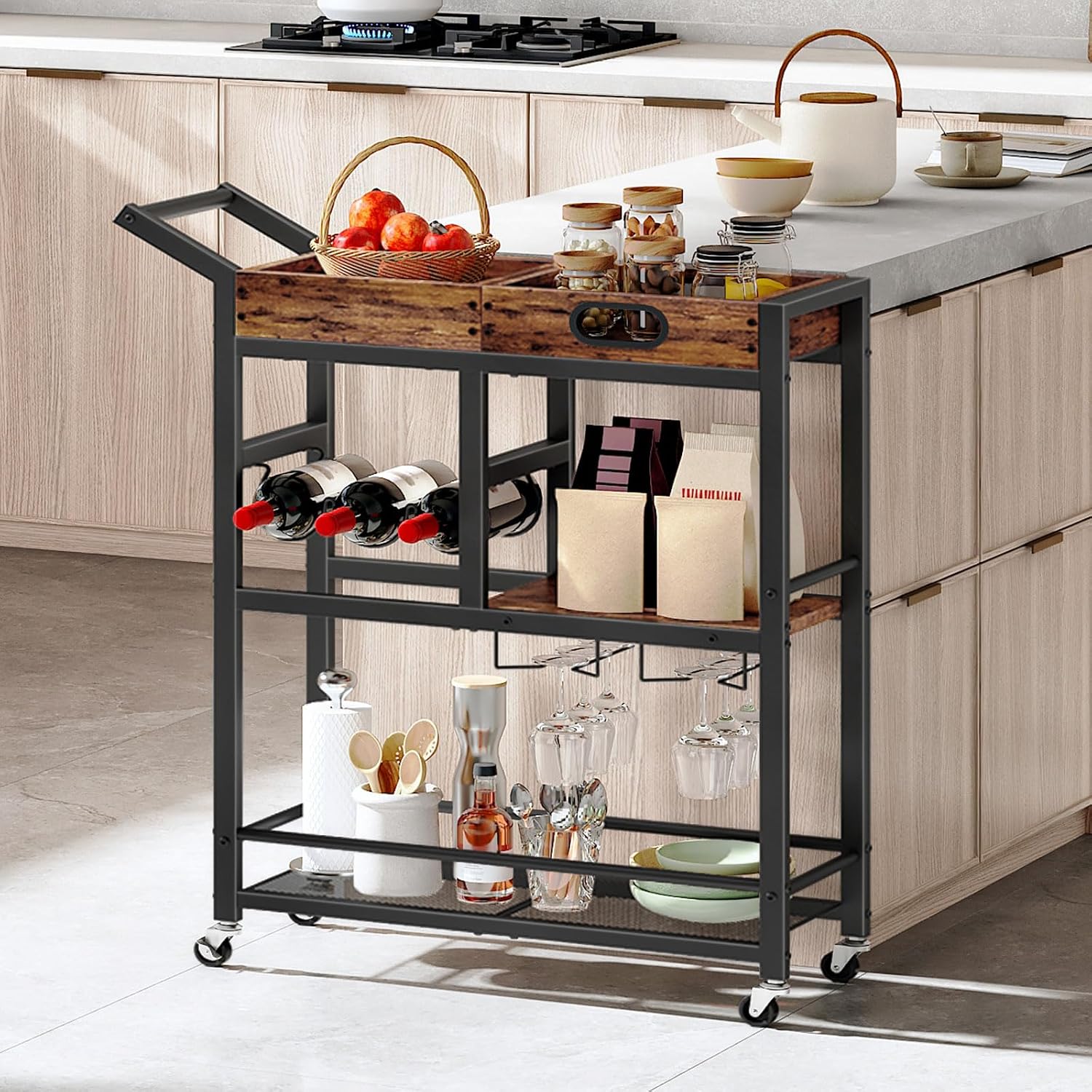 Bar Cart Wine Rack Glass Holder Tray