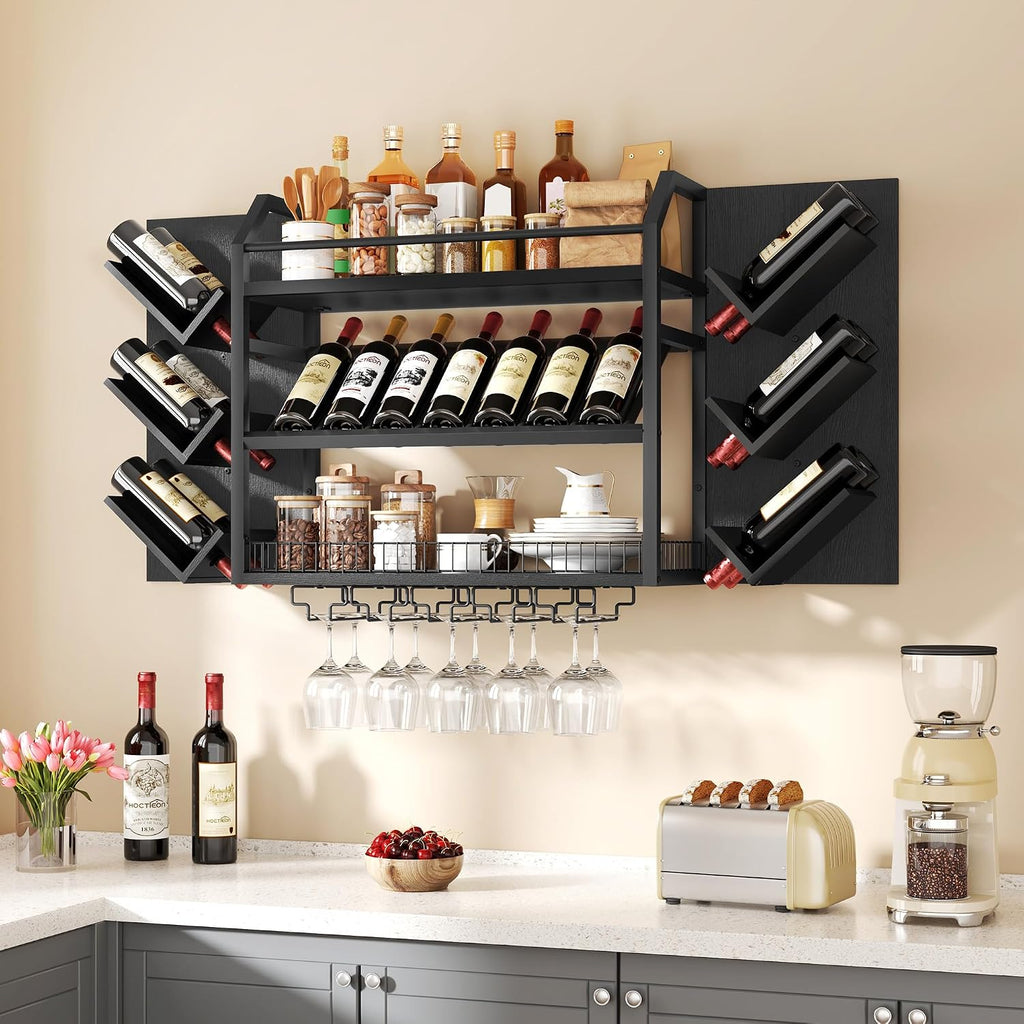 Metal Wood Wine Rack Glass Holder