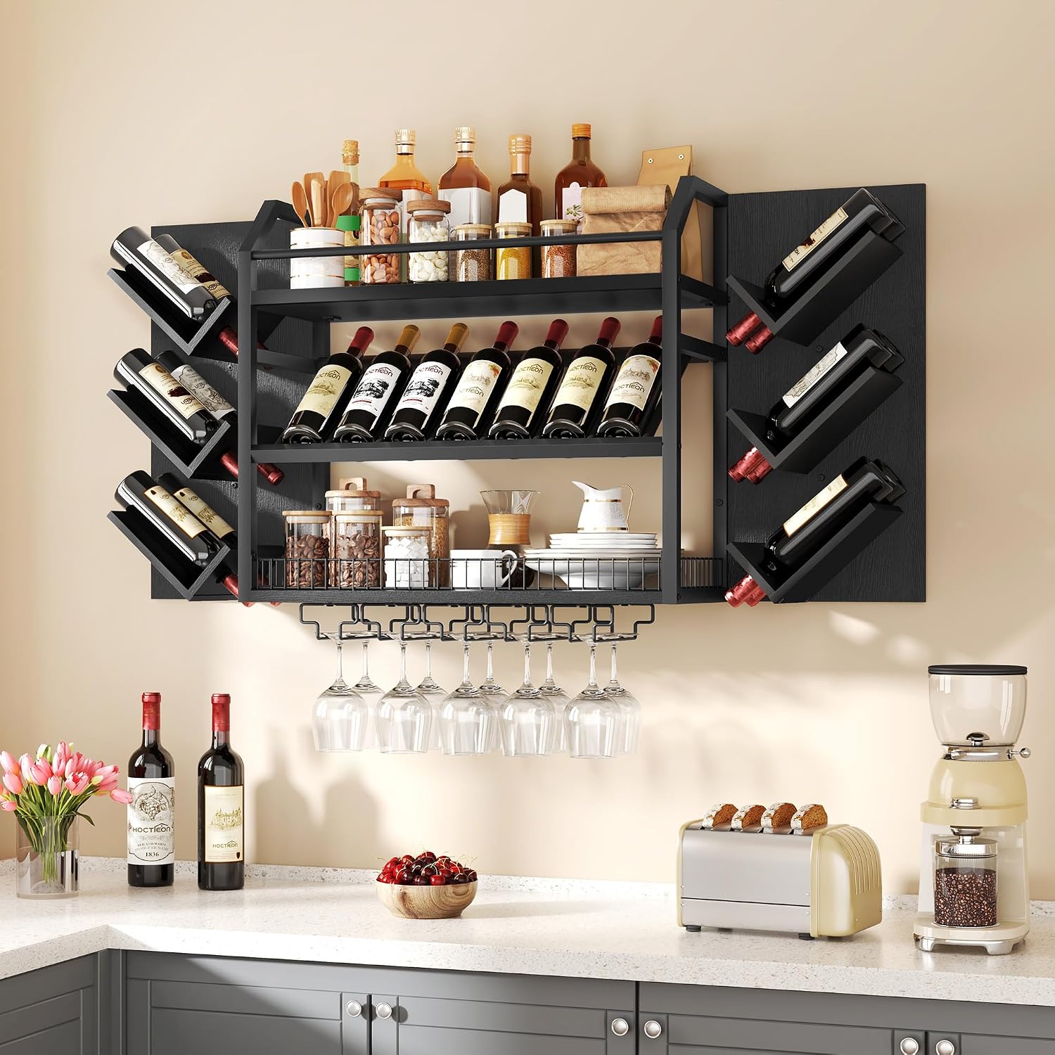 Metal Wood Wine Rack Glass Holder