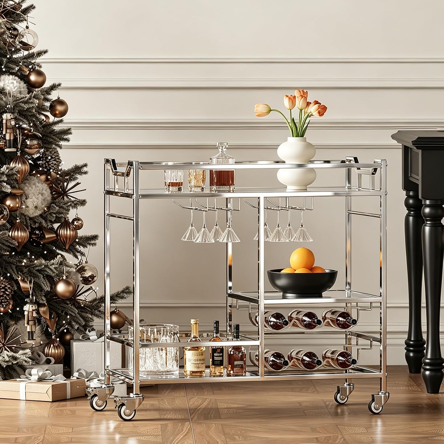 Silver Bar Cart Wine Glass Holders