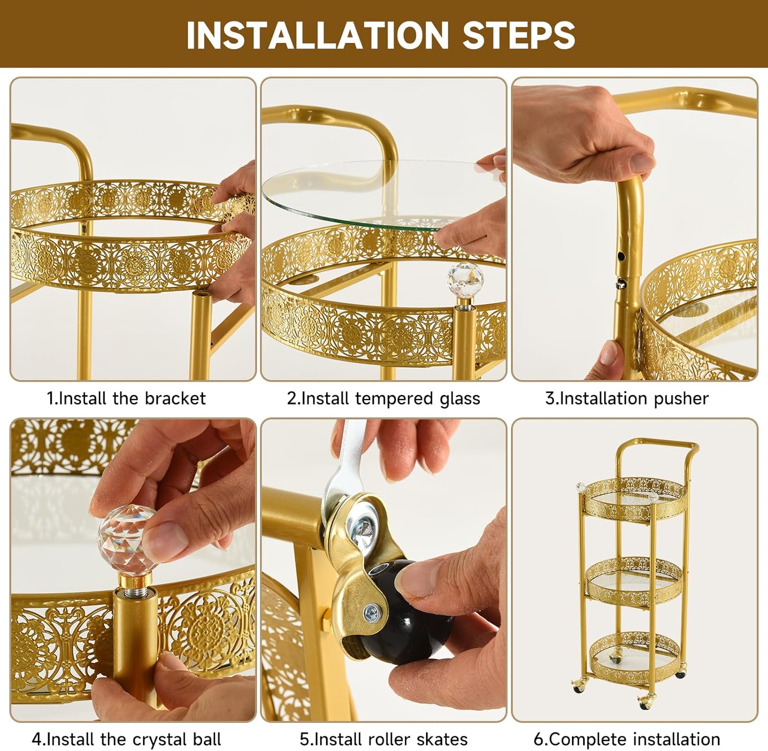 Golden Rolling Bar Cart Glass Holders