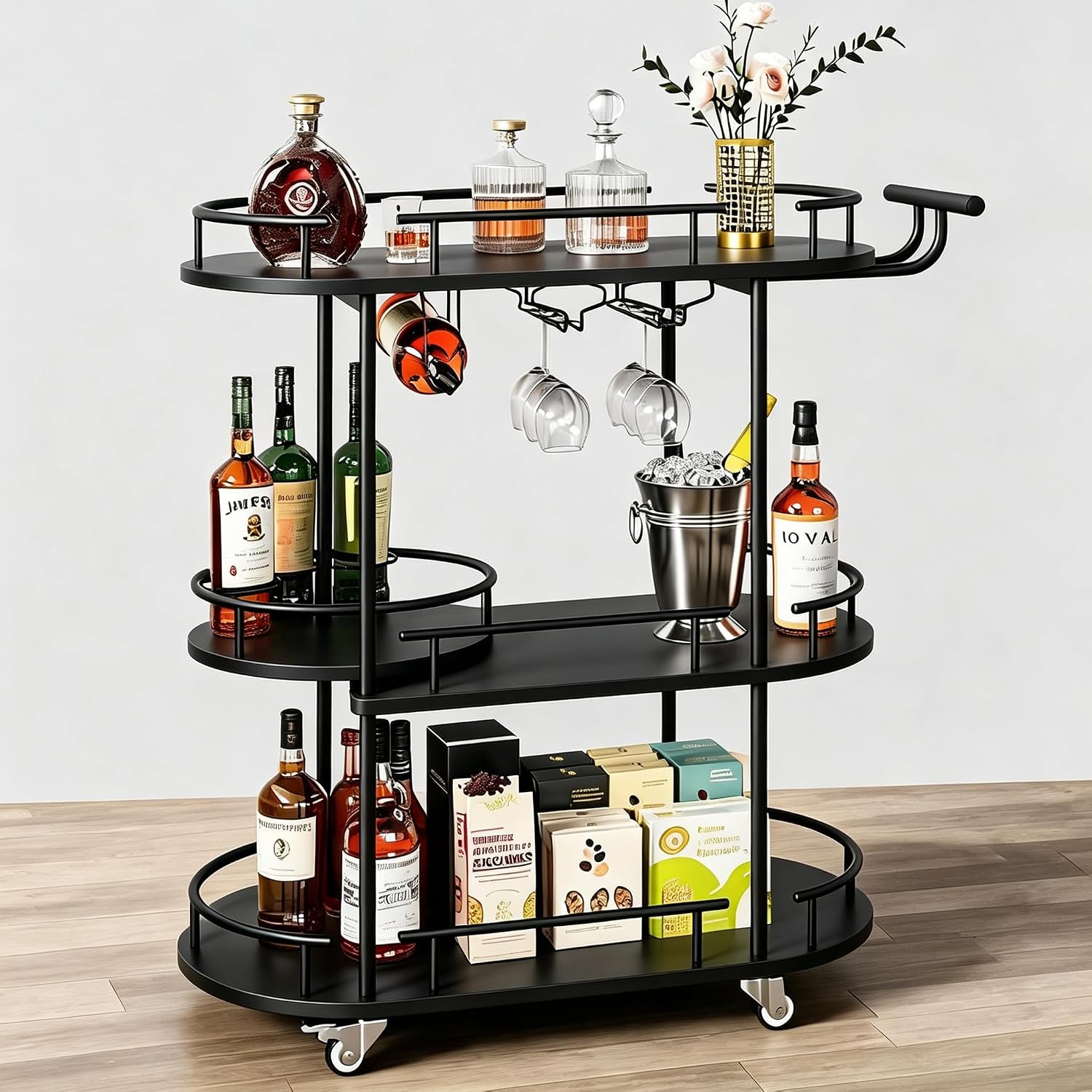 Rolling Bar Cart Wine Glass Holders