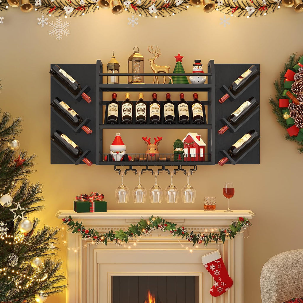 Metal Wood Wine Rack Glass Holder
