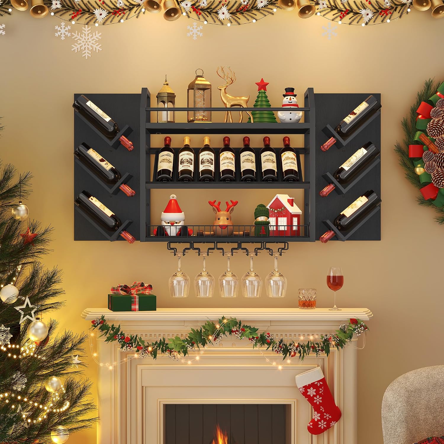 Metal Wood Wine Rack Glass Holder